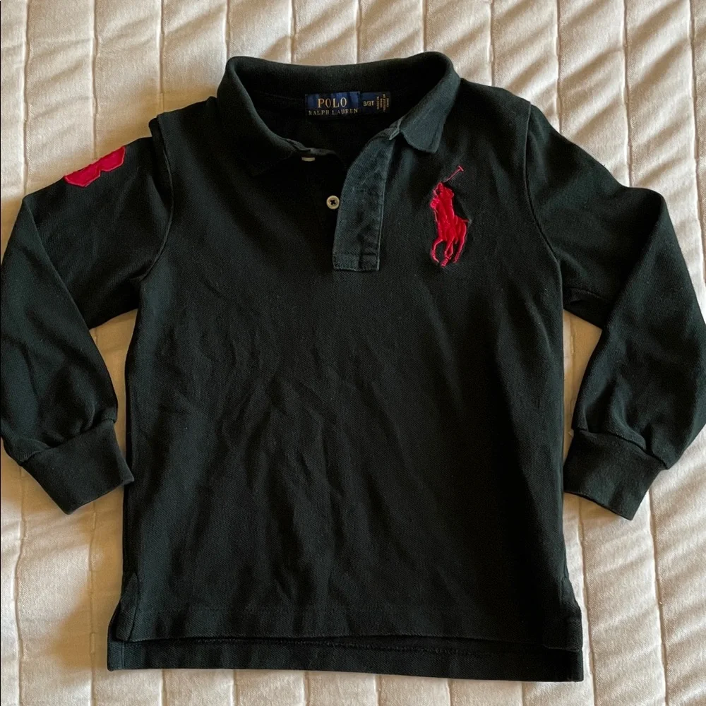 Ralph Lauren Preppy Long Sleeve Polo Kids Dark Green & Iconic Red Logo Boys 3T
